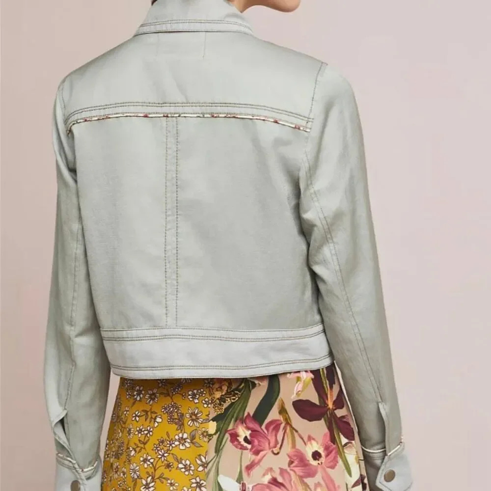 ANTHROPOLOGIE | Light Sage Green Jacket Linen Floral Piped Trucker Jacket | XL - Picture 3 of 15